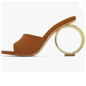 XYD Brown Open Square Toe Slide Sandals Round Circle High Heels Slip On Mules